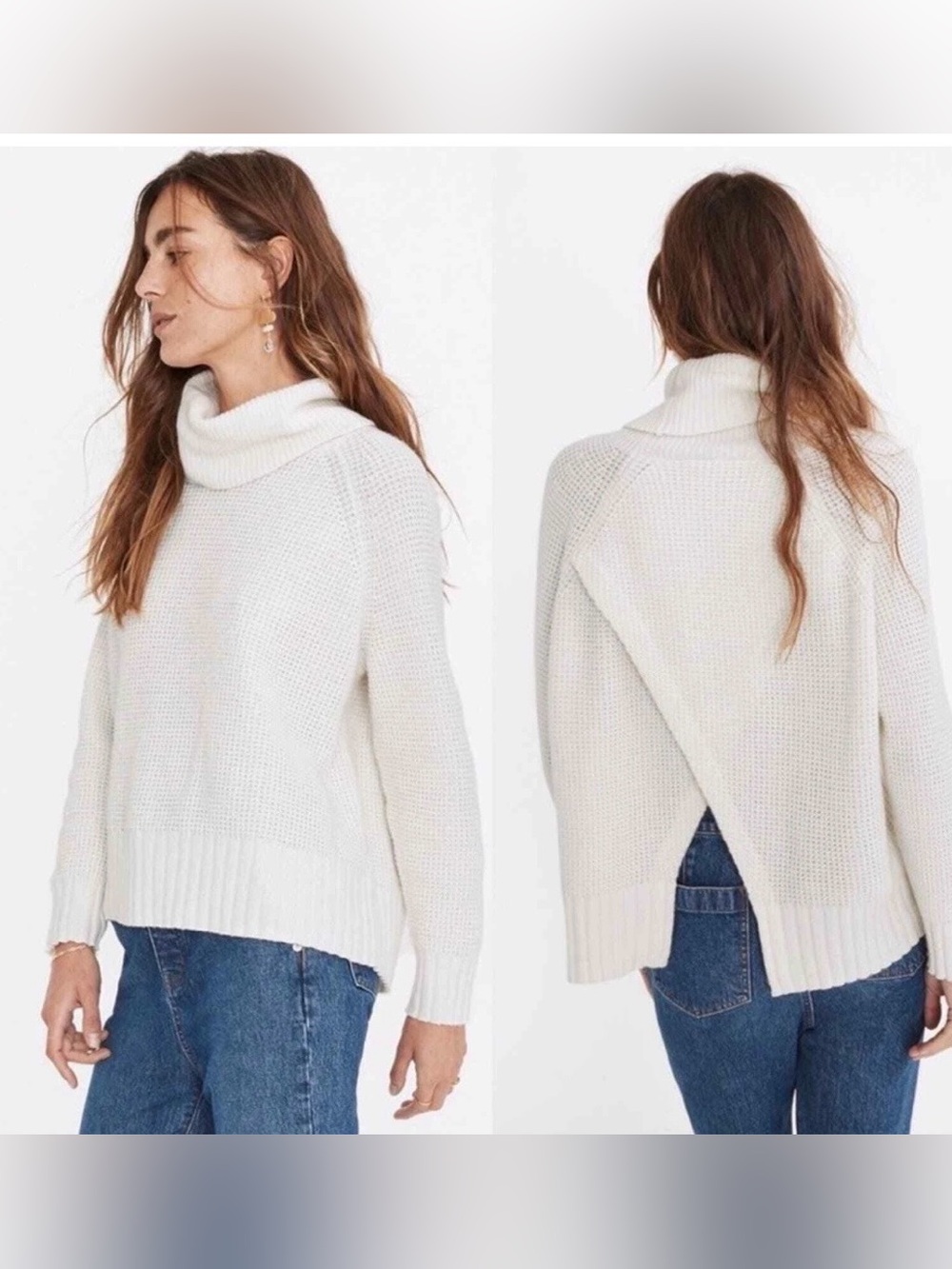 Madewell Eastbrook Ivory Split Back Turtleneck Cotton Merino Wool Sweater M